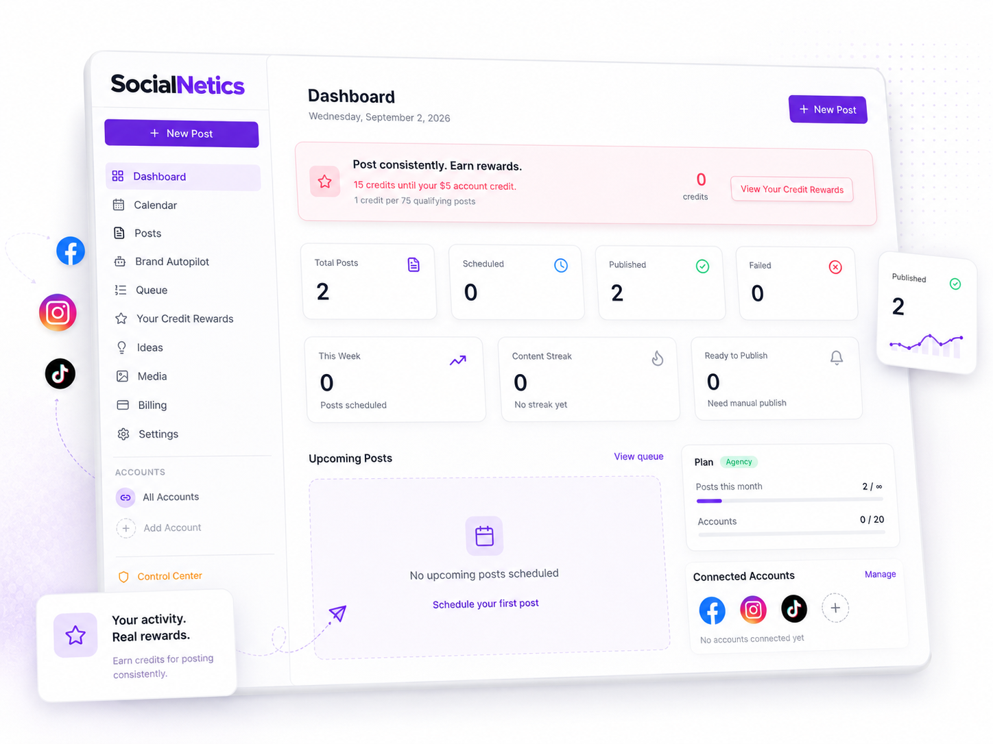 SocialNetics dashboard for planning and publishing social content
